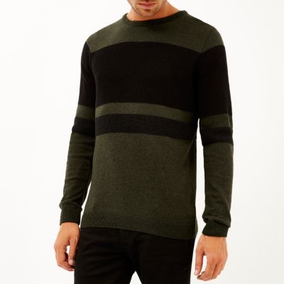 Dark green block stripe jumper
